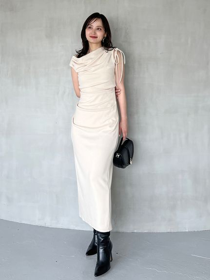 SNIDEL ソフトグリーン ドレープワンピース 長袖 Sustainable20周年プリントワンピース(マキシ・ロングワンピース