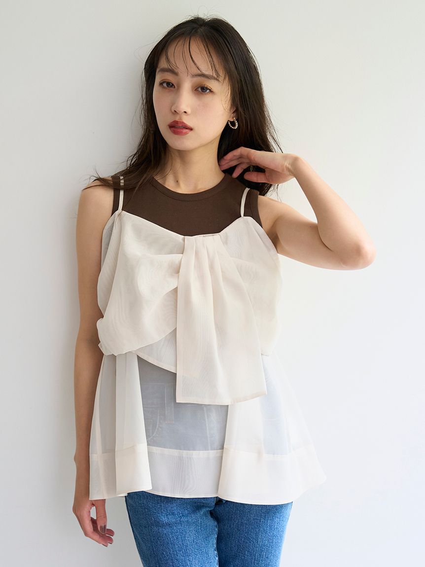 スナイデル SNIDEL デザインブラウスSETノースリカットソー swct254248 レディース トップス タンクトップ オフショル リボン オーガンジー 2025秋 デザインブラウスSETノースリカットソー(Tシャツ・カットソー