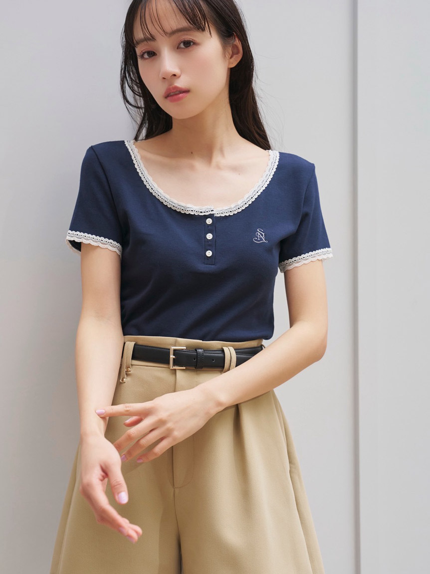 WEB限定カラーあり】レースデザインヘンリーネックTシャツ(Tシャツ