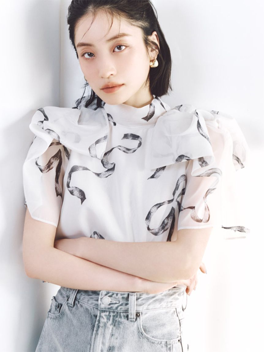 Sustainableリボンライクオーガンシースルーブラウス(ブラウス