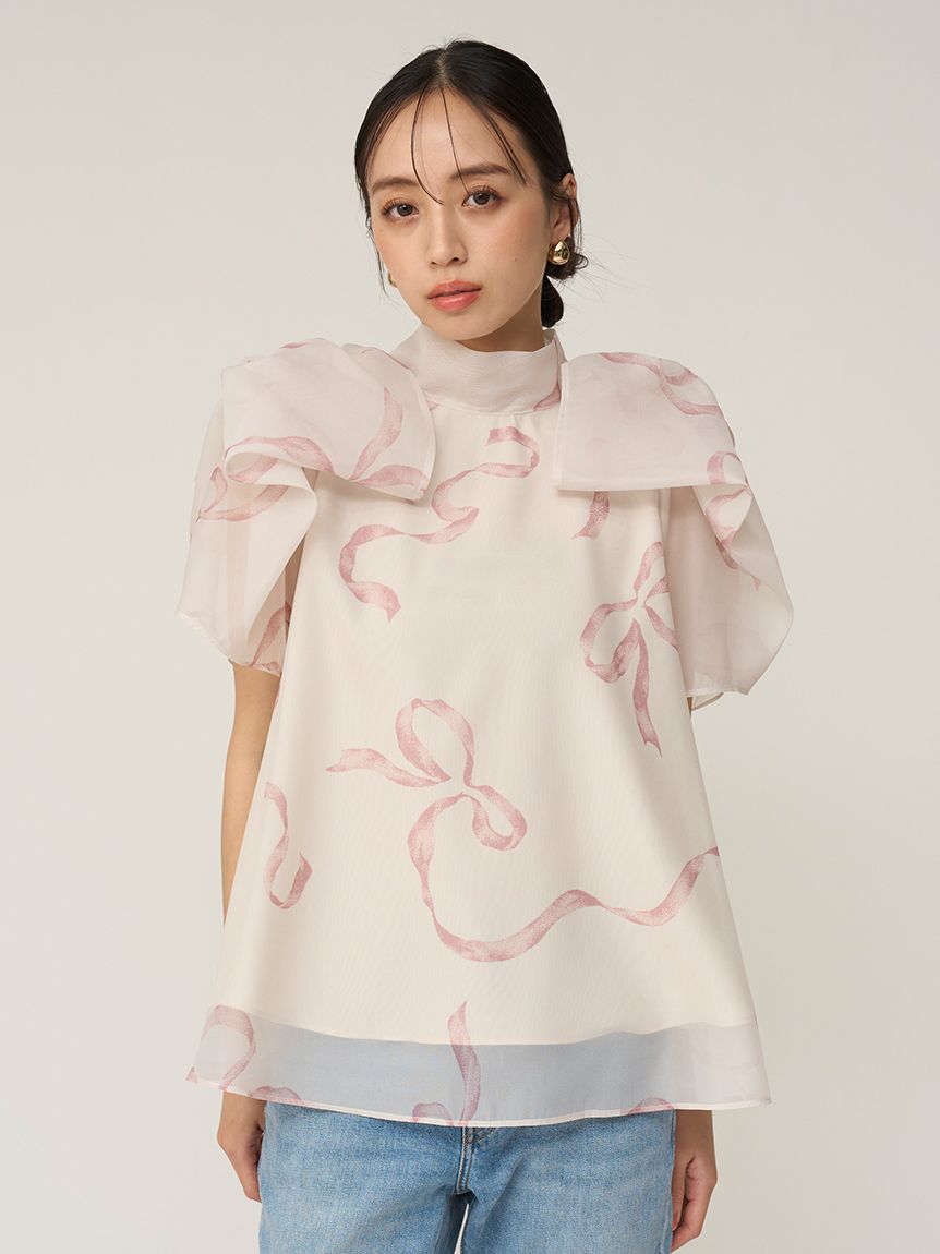 Sustainableリボンライクオーガンシースルーブラウス(ブラウス