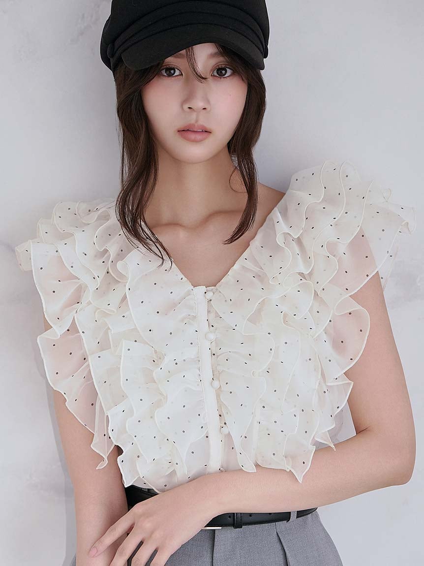 新色追加/WEB限定カラーあり】ノースリフリルブラウス(シャツ