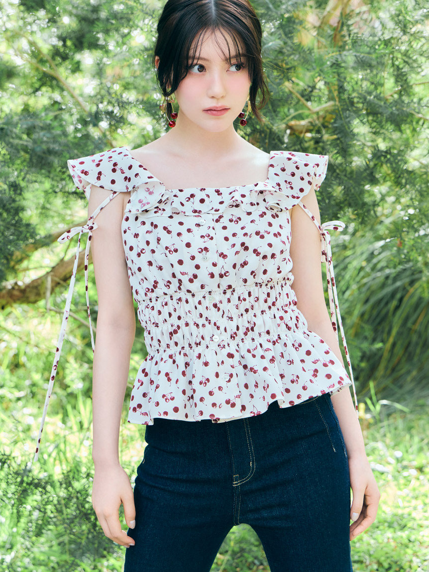 Sustainableフルーツプリントシャーリングブラウス(シャツ・ブラウス