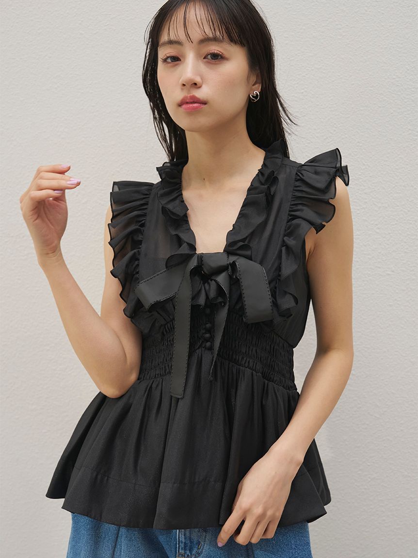 タグ付き SNIDEL チュールぺプラムブラウス BLK Sustainableチュールペプラムブラウス（シャツ/ブラウス）｜SNIDEL