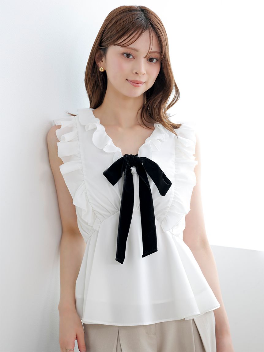WEB限定カラーあり】フリルボウタイノースリブラウス(シャツ・ブラウス
