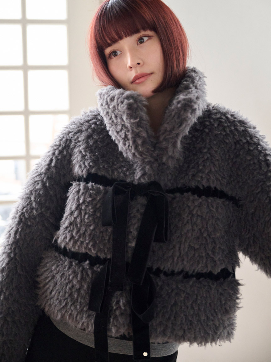 Sustainableリボンボアショートコート(ムートンコート)｜アウター