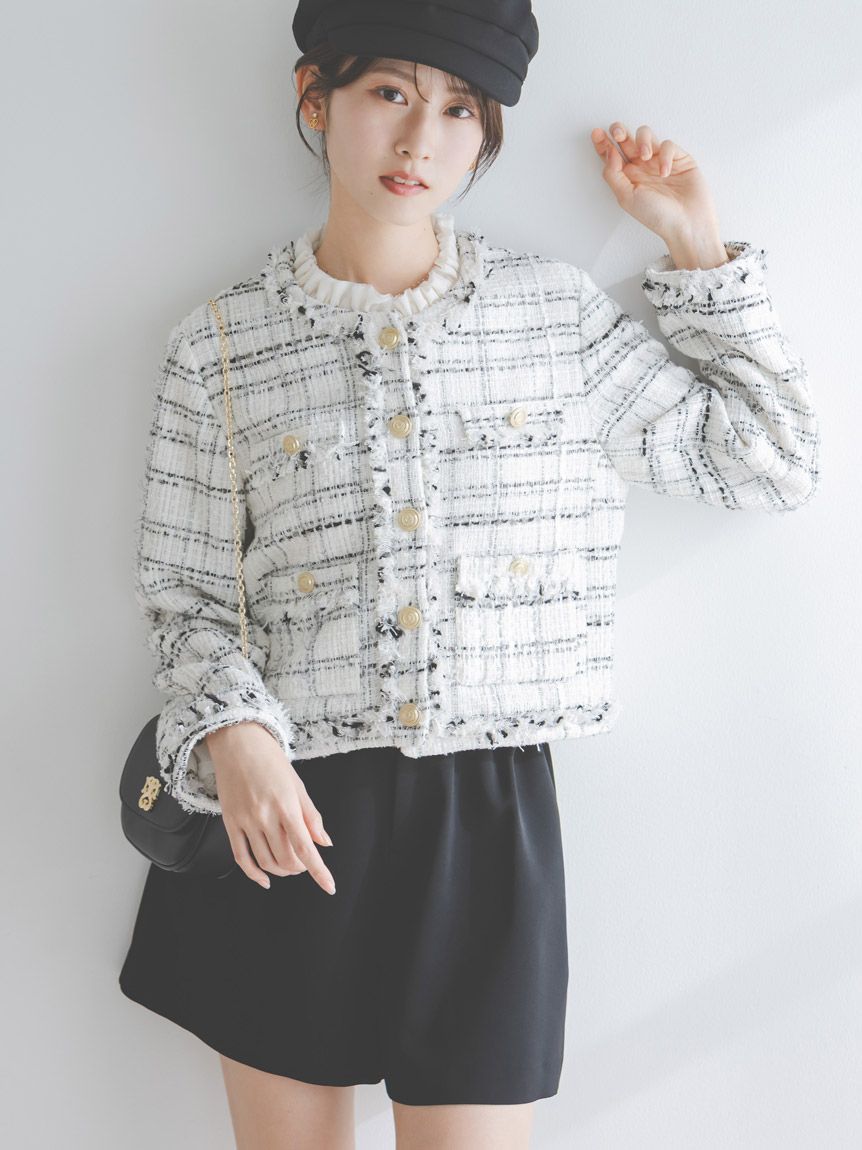 デタッチャブルフリルカラーツイードジャケット(ジャケット)｜アウター