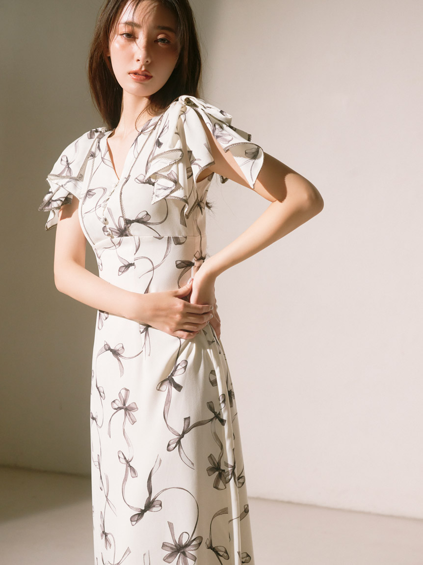 00サイズあり】Sustainableリボンプリントワンピース(マキシ・ロング