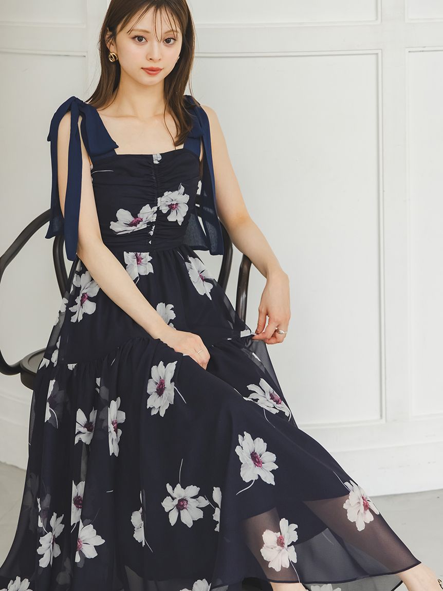 FLOWER COLLECTION】プリントショルダーリボンワンピース(マキシ