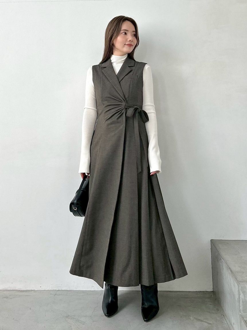 Sustainableサイドプリーツテーラードワンピース(マキシ・ロング