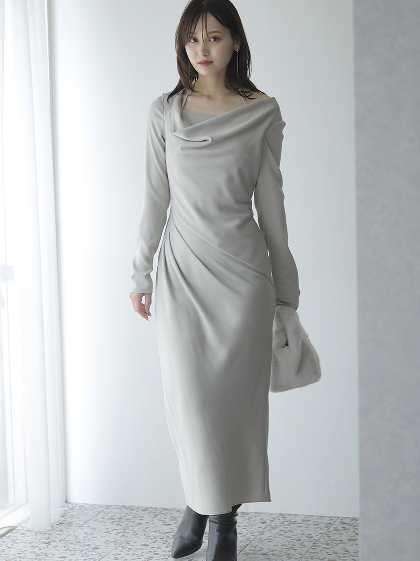 ドレープバックサテンロングワンピース(マキシ・ロングワンピース