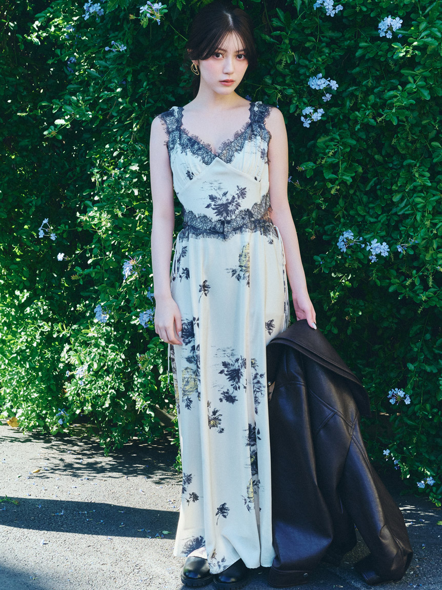 レーストリムプリントキャミワンピース(マキシ・ロングワンピース