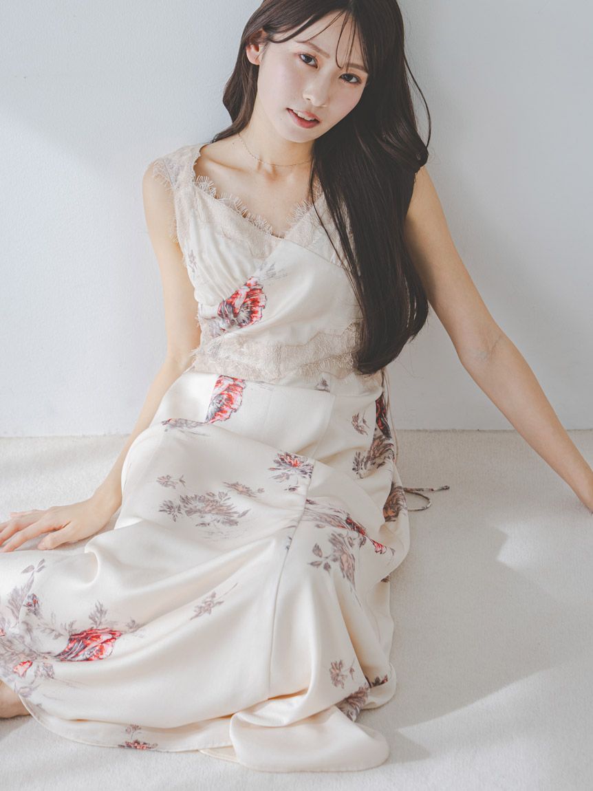 レーストリムプリントキャミワンピース(マキシ・ロングワンピース