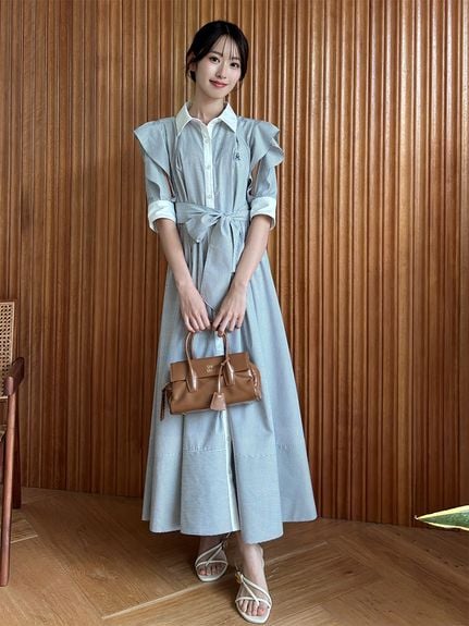 Sustainableフリルデザインシャツワンピース(ロングワンピース