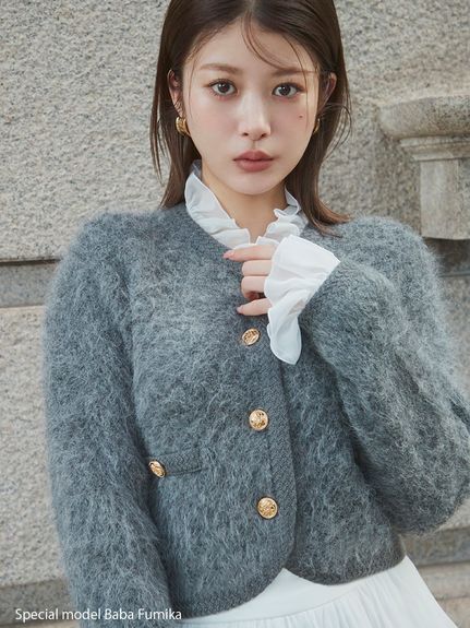 SNIDEL スナイデル ファーライクフリルニットジャケット　　ホワイト セール】ファーライクフリルニットジャケット（ノーカラージャケット