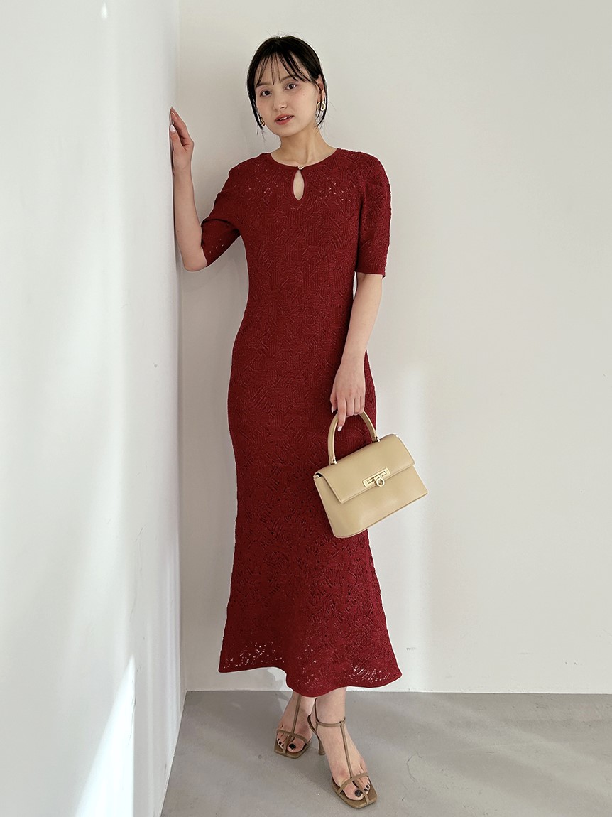 Sustainableクロシェライクニットワンピース(RED-F)