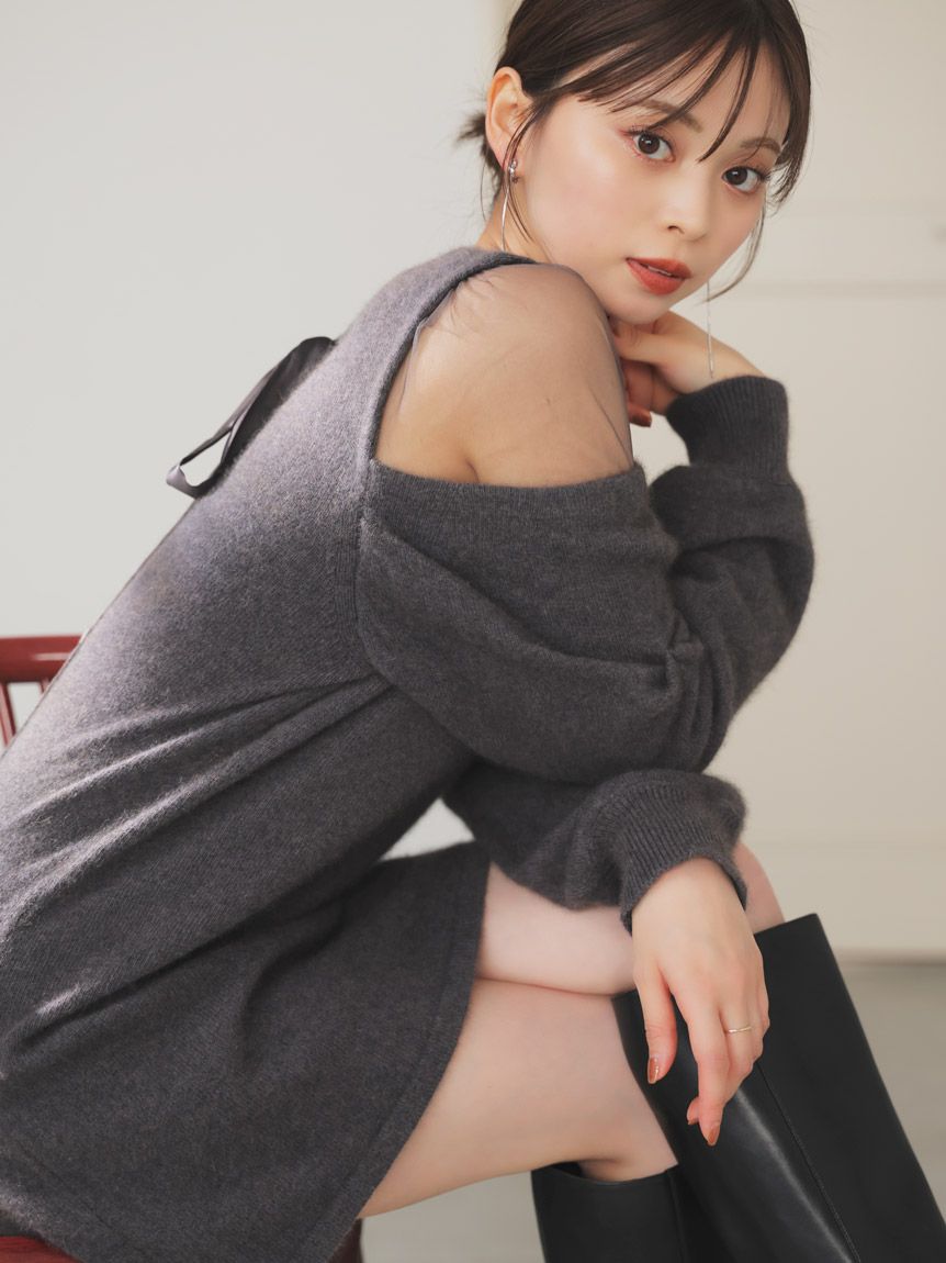 シースルーショルダーニットワンピース(マキシ・ロングワンピース