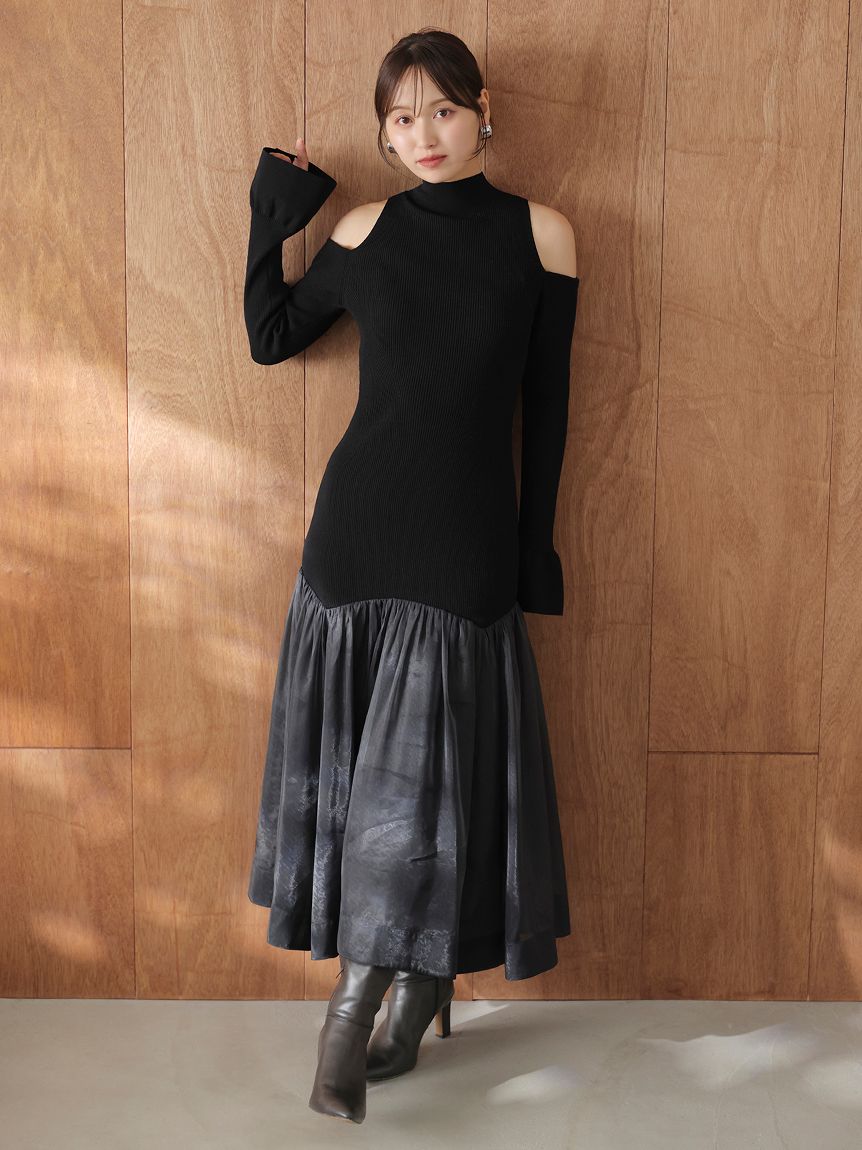 【美品】SNIDEL スナイデル コールドショルダーワンピース OLV 1 スナイデル SNIDEL コールドショルダーボウタイワンピース （MIX