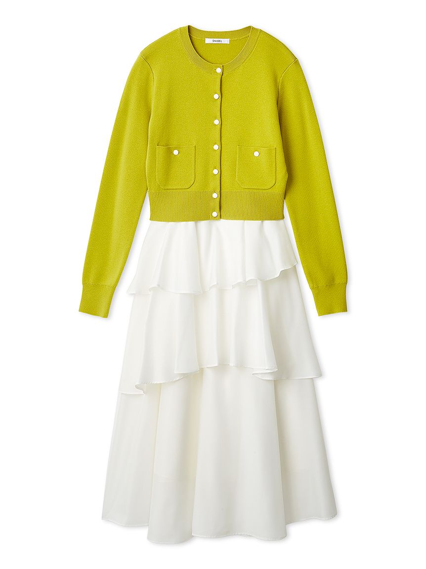 Sustainableニットカーデ×ティアードスカートセット(トップス＆ボトム