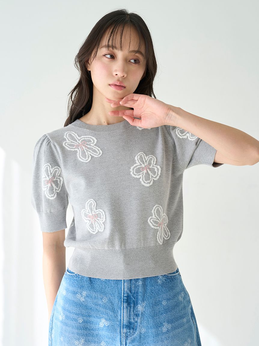 【BOUQUET OF JOY】フラワーモチーフニットプルオーバー(GRY-F)