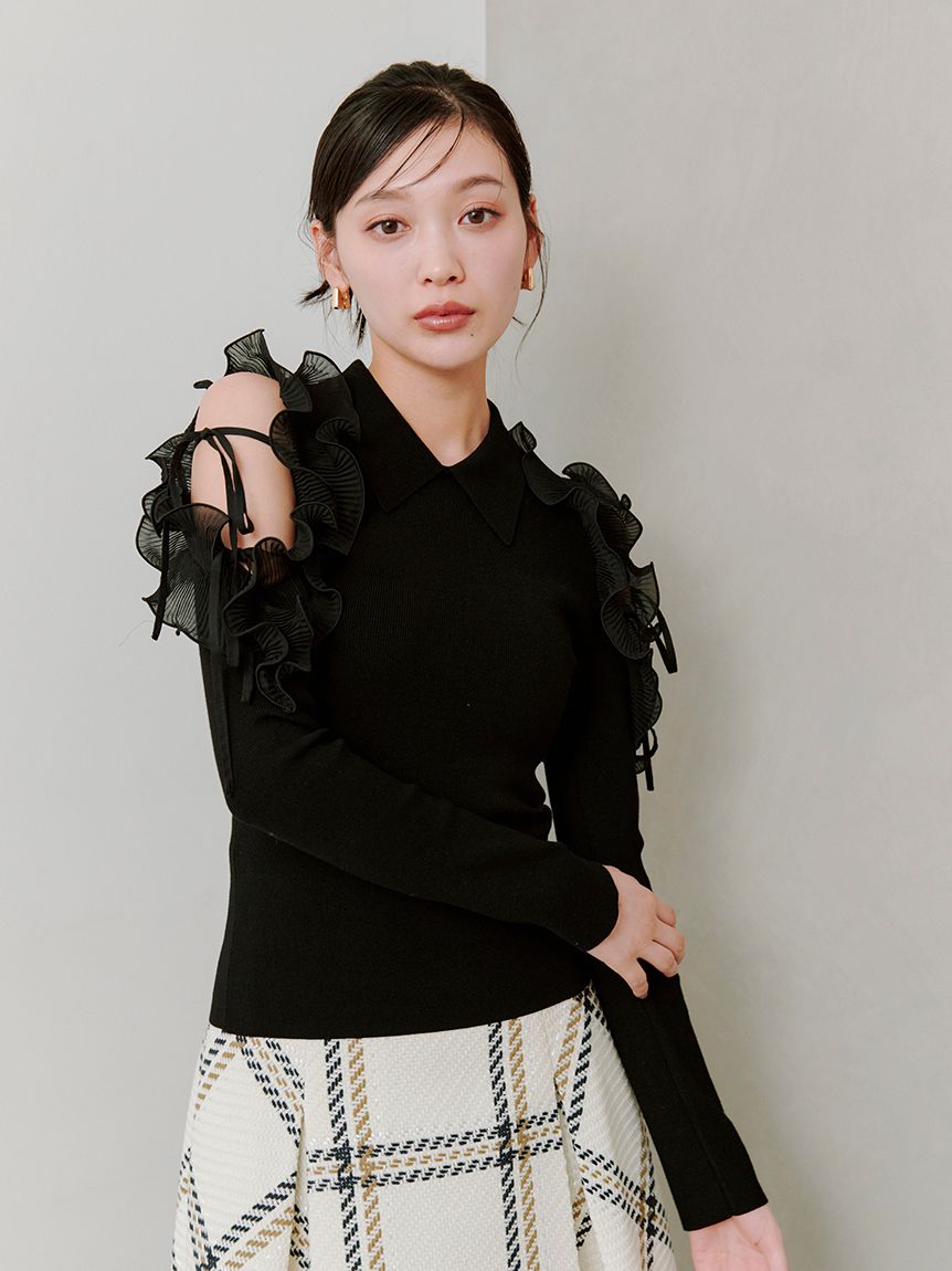 SNIDEL プリーツフリルニットプルオーバーBLK プリーツフリルニットプルオーバー(ニット)｜トップス｜SNIDEL