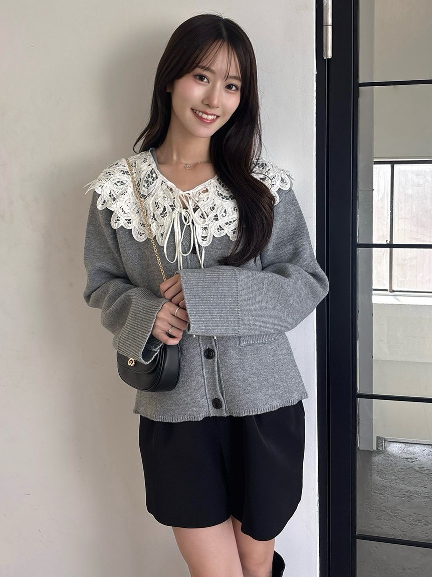 バテンレースカラーニットカーディガン(カーディガン)｜トップス