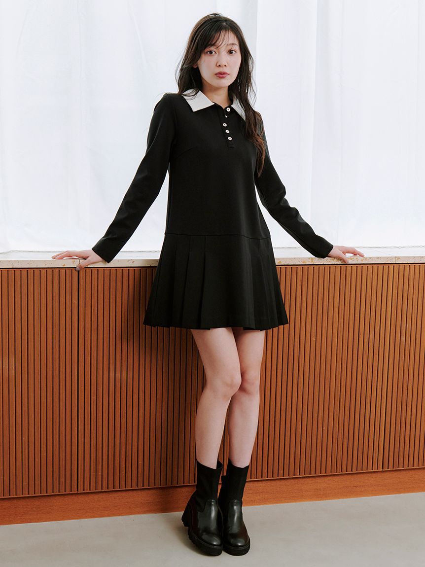 衿つきプリーツカットミニワンピース(ミニワンピース)｜ワンピース