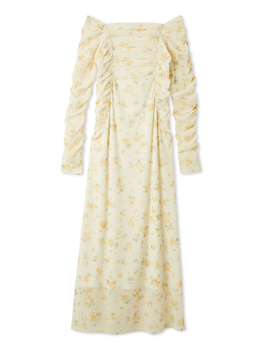 フロッキープリントギャザーワンピース(マキシ・ロングワンピース