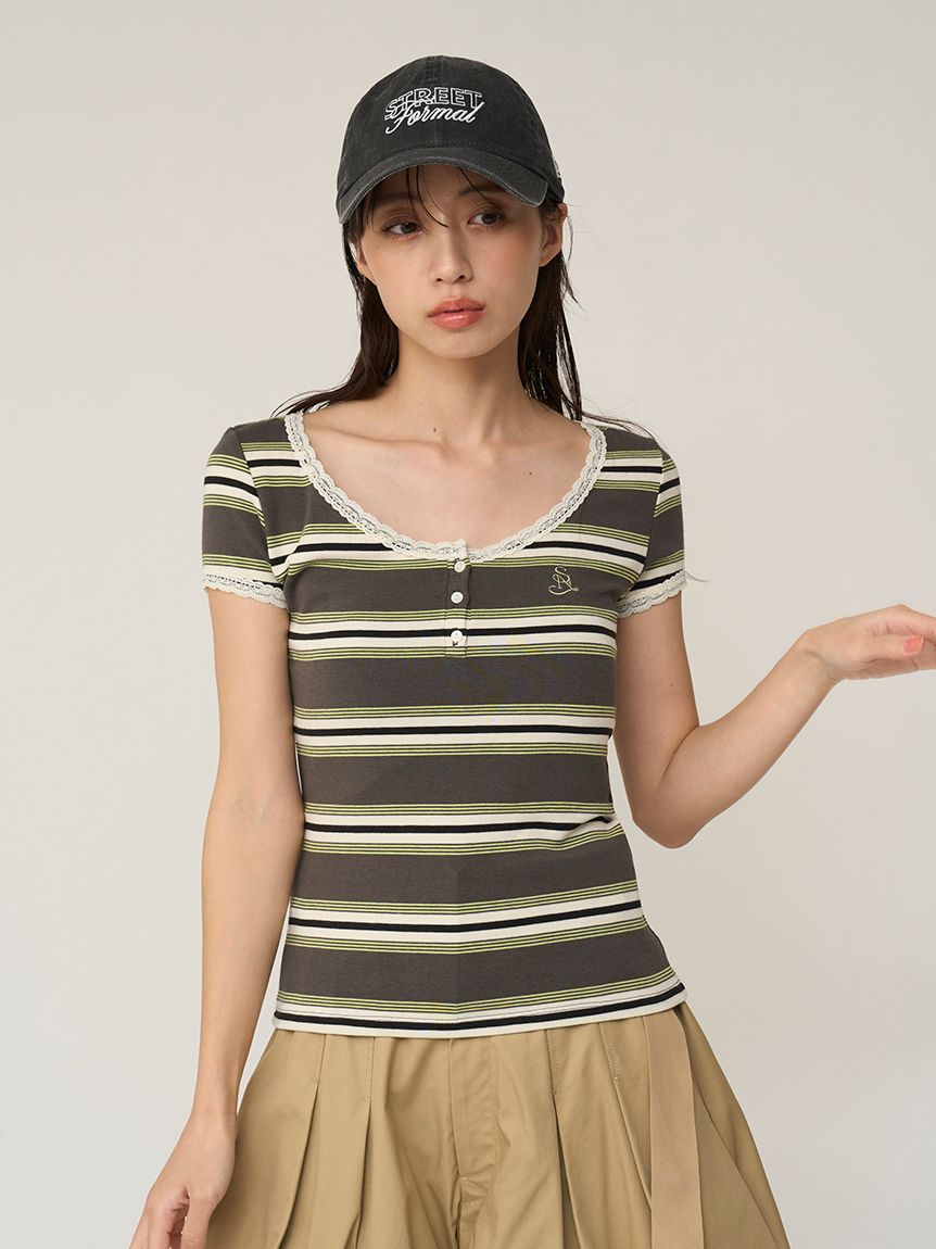 WEB限定カラーあり】レースデザインヘンリーネックTシャツ(Tシャツ