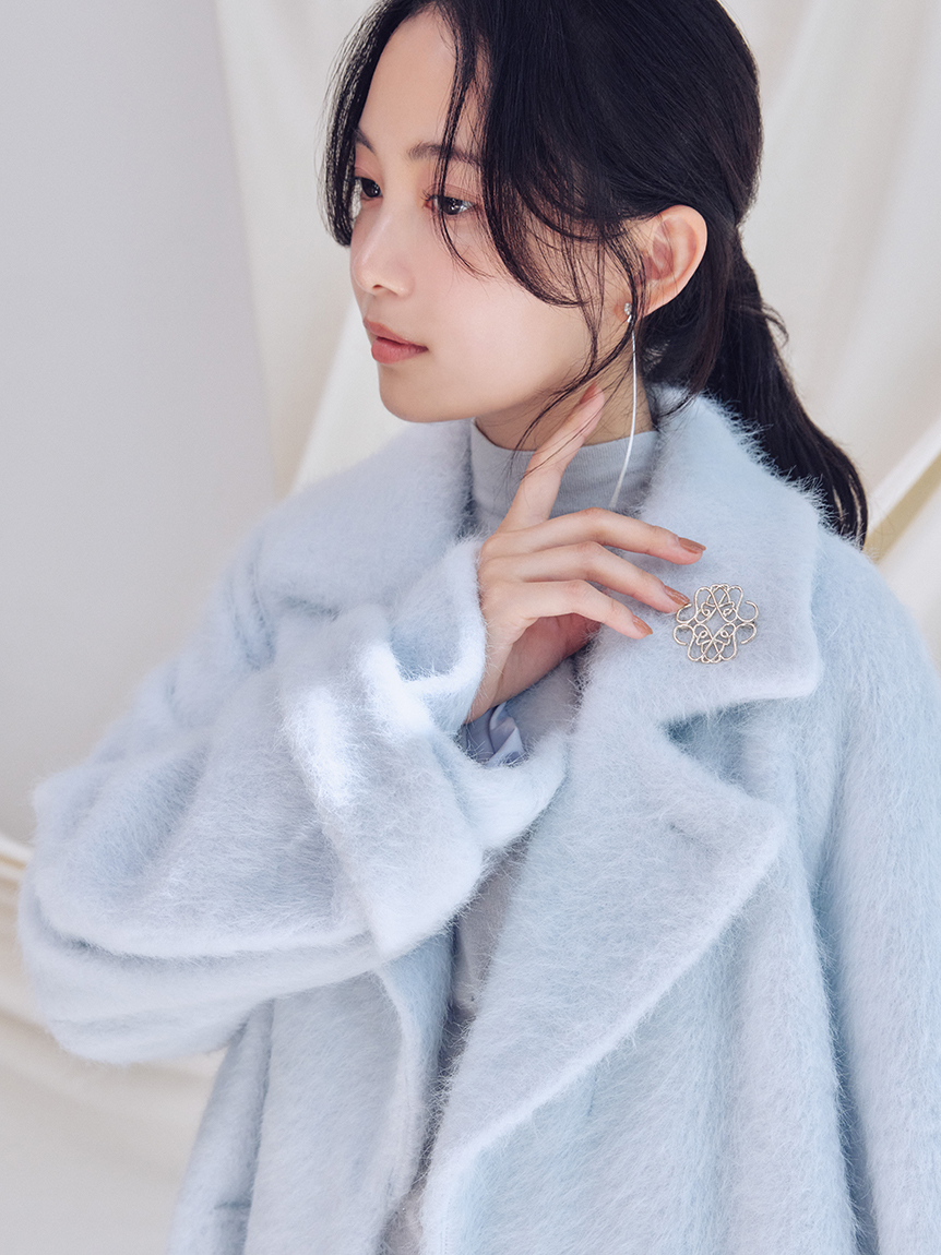 ブローチ付きシャギーロングコート(チェスターコート)｜アウター