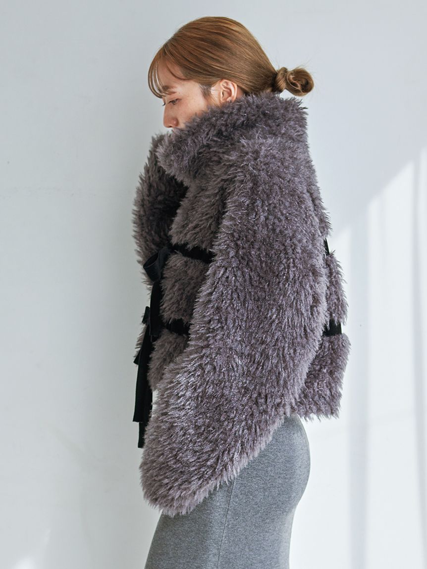 Sustainableリボンボアショートコート(ムートンコート)｜アウター