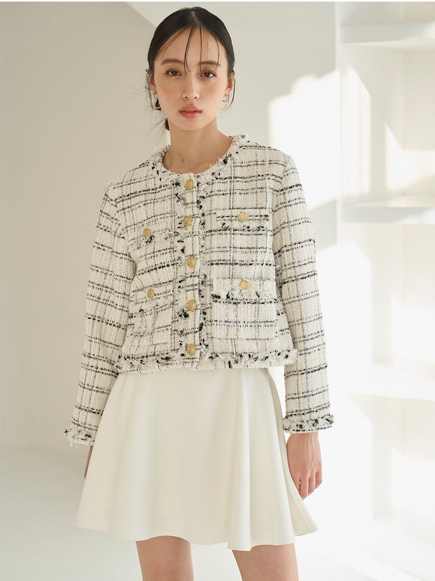 デタッチャブルフリルカラーツイードジャケット(ノーカラージャケット