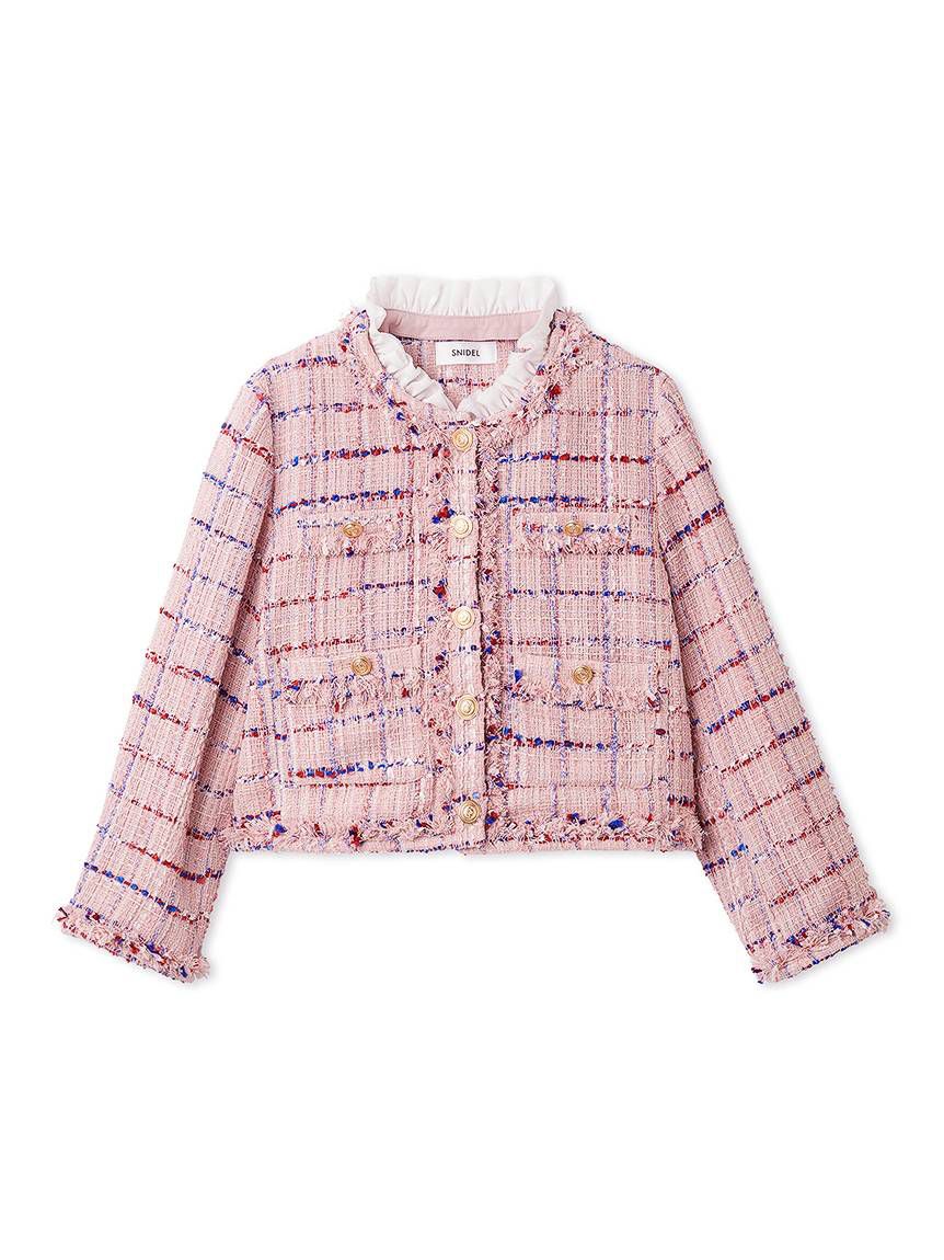 デタッチャブルフリルカラーツイードジャケット(ノーカラージャケット