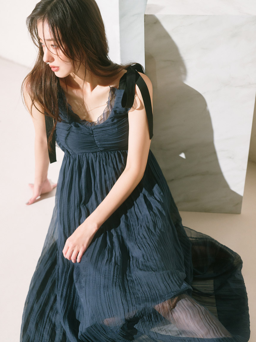 プリーツシフォンワンピース(ネイビー)CR1-323NA-L | OTONA DRESS