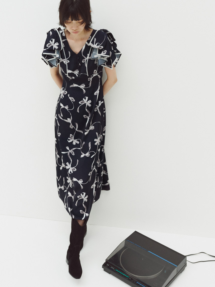 snidel Sustainableリボンプリントワンピース 00サイズあり】Sustainableリボンプリントワンピース(マキシ・ロング