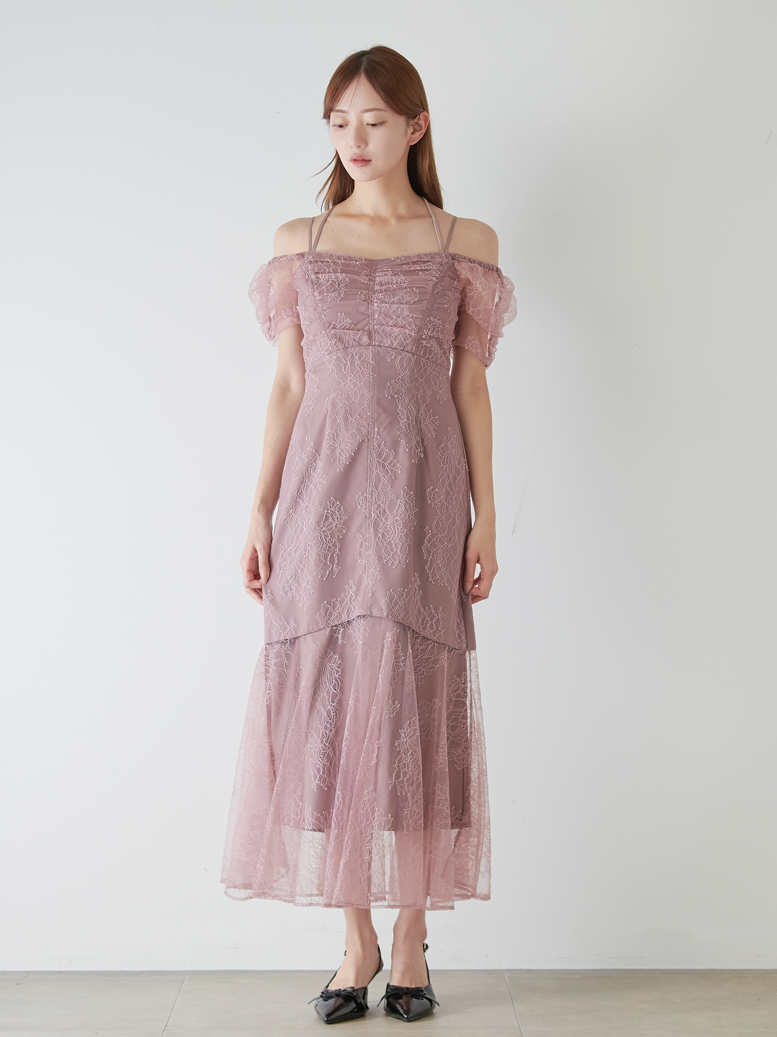 ギャザードレープレースドレス(マキシ・ロングワンピース)｜ワンピース