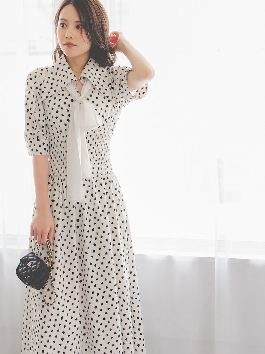 ドットボウタイシャツワンピース(マキシ・ロングワンピース