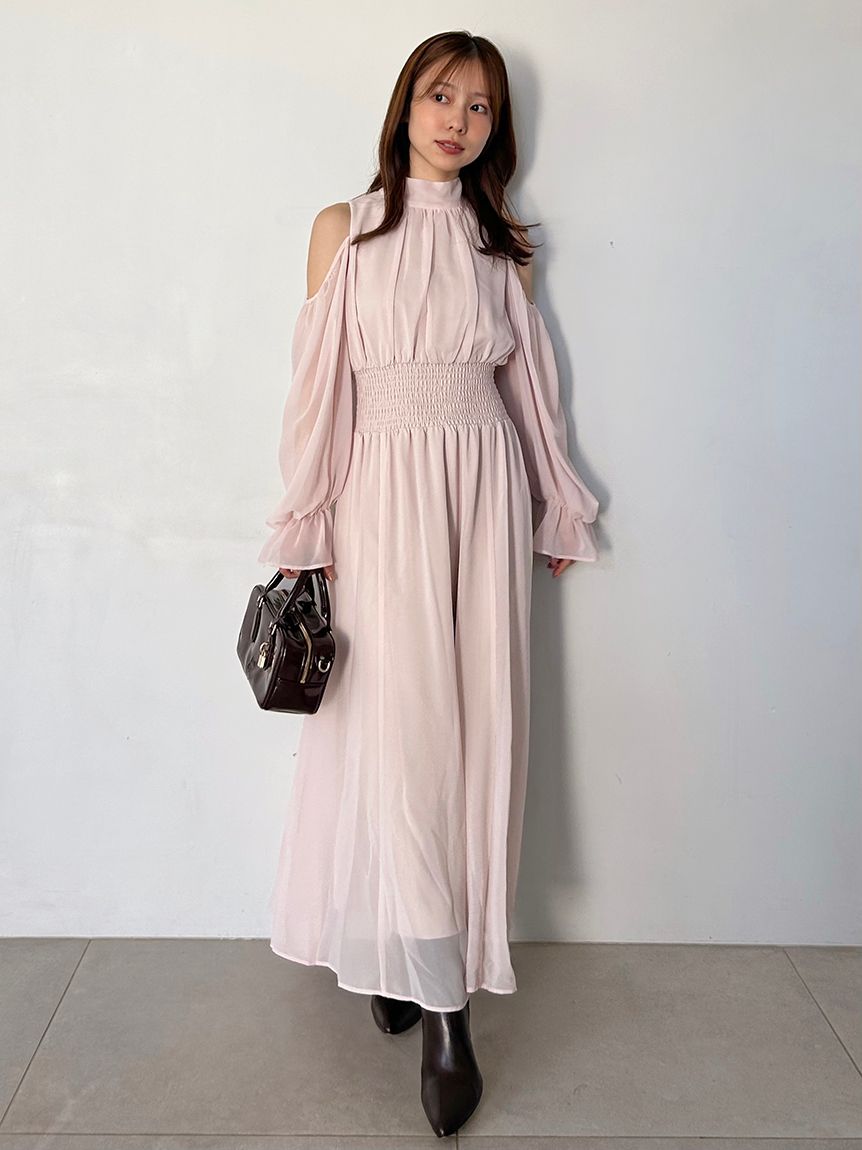 コールドショルダーボウタイワンピース(マキシ・ロングワンピース