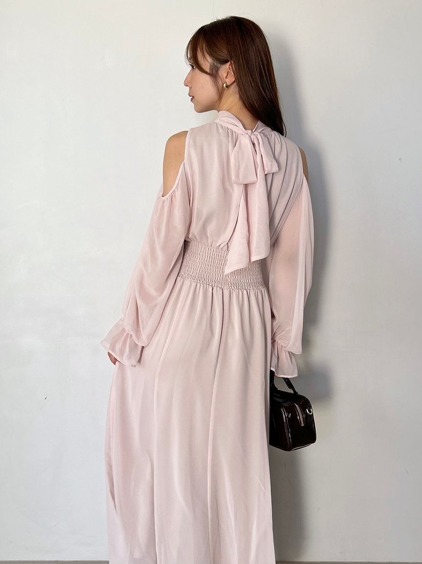 コールドショルダーボウタイワンピース(マキシ・ロングワンピース
