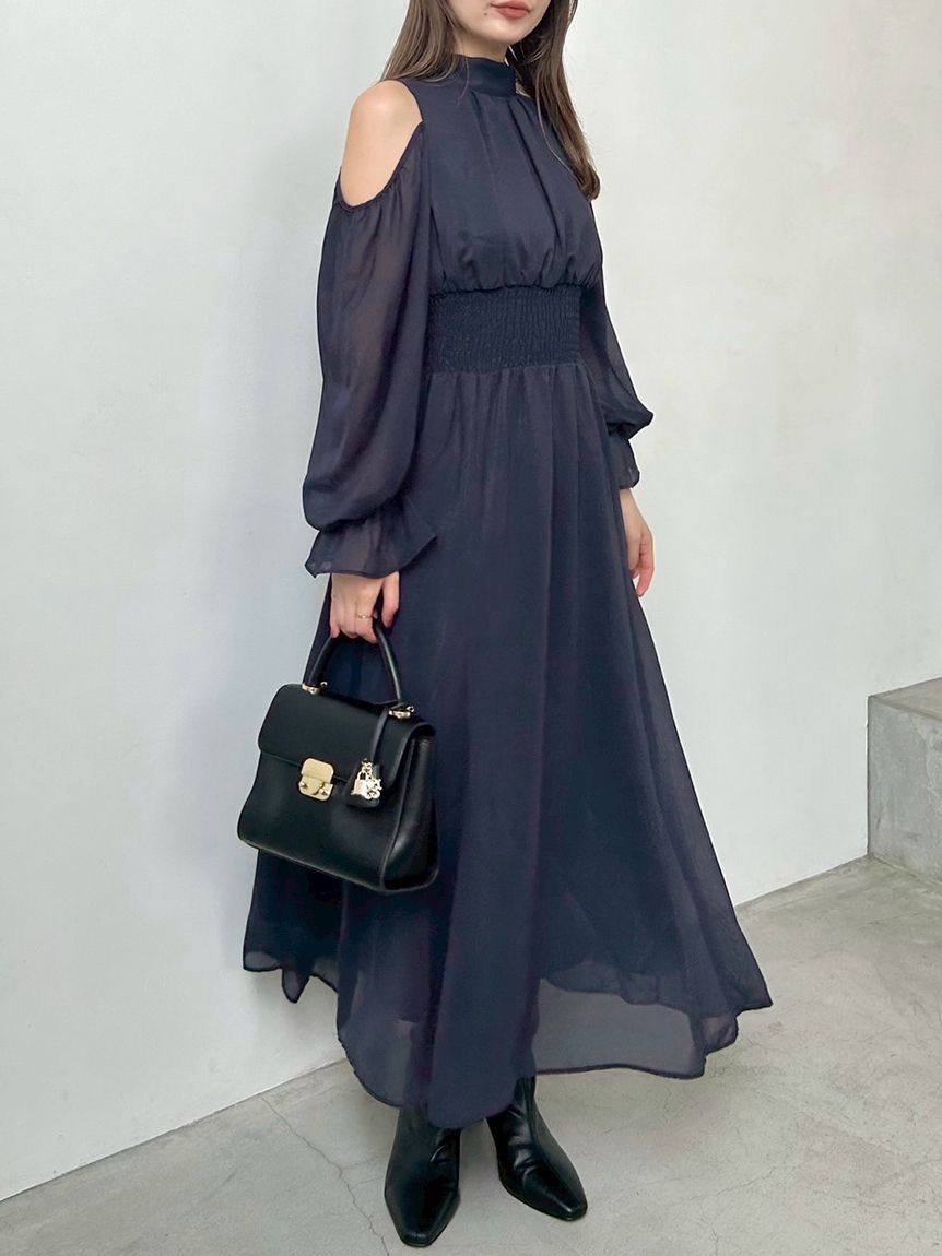 コールドショルダーボウタイワンピース(マキシ・ロングワンピース