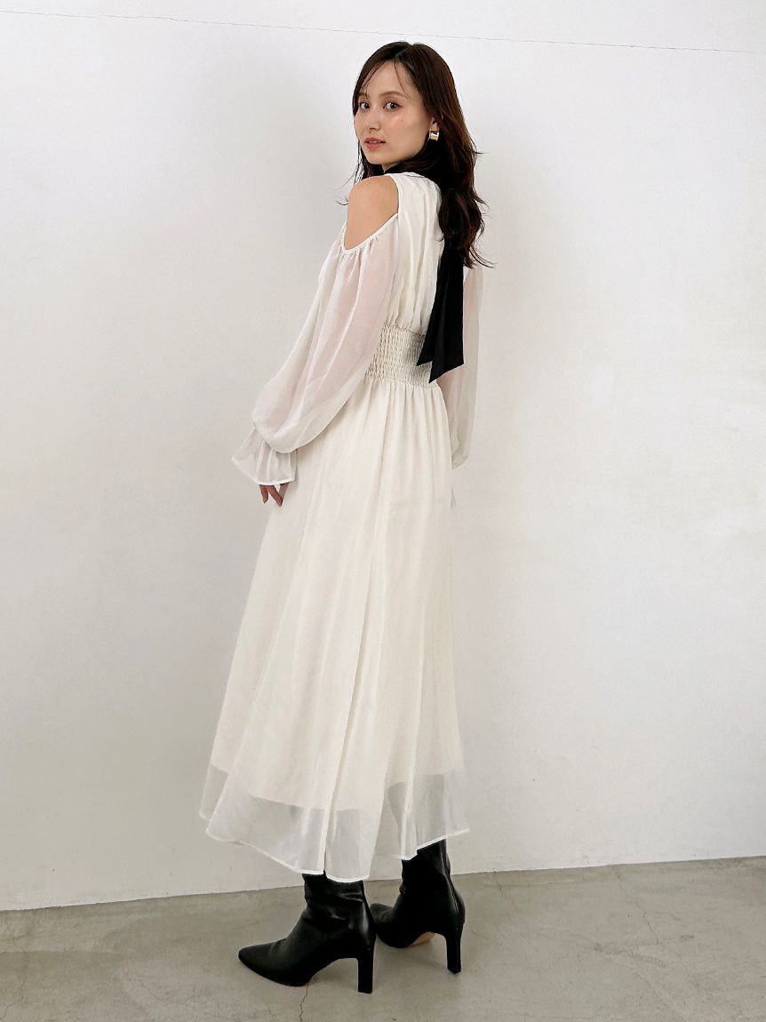 コールドショルダーボウタイワンピース(マキシ・ロングワンピース