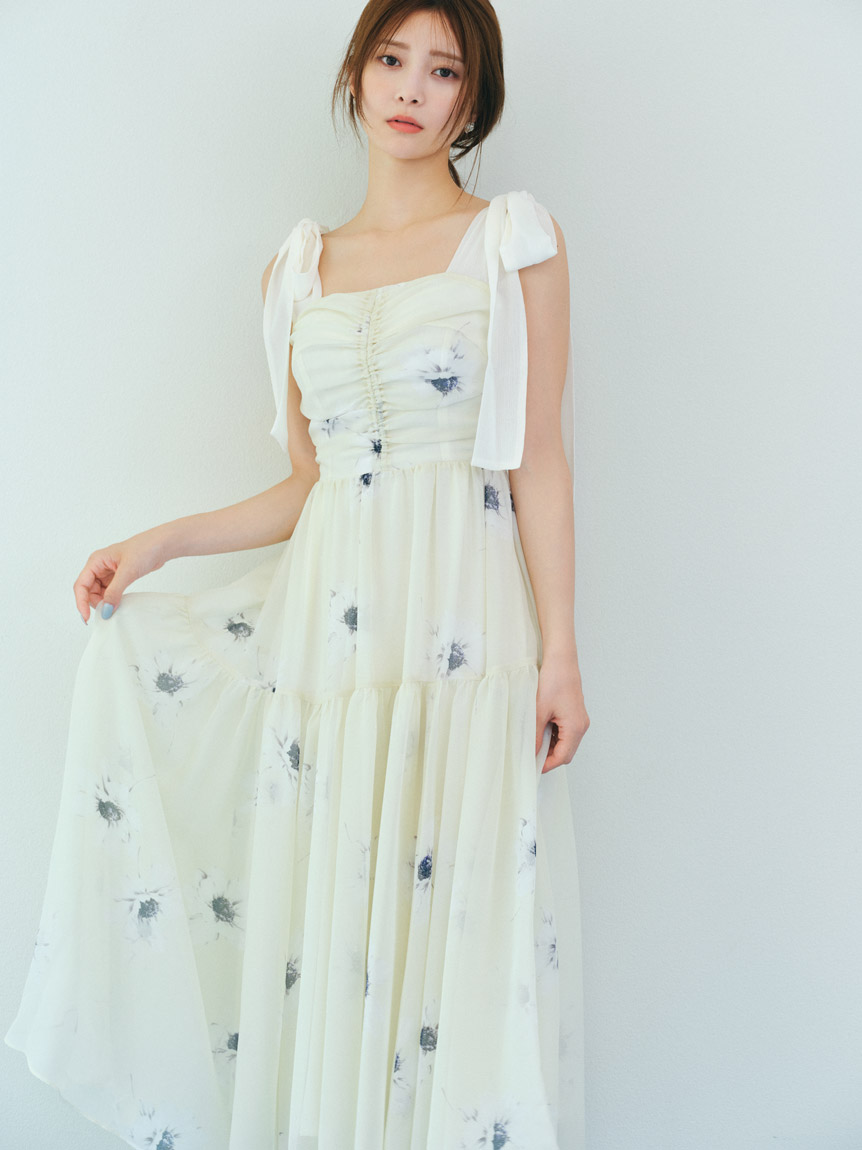 ✿*︎様 今期完売品SNIDEL フラワープリント オフショルダー マキシワンピ SNIDEL ワンピース フラワープリントショルダーリボンワンピース
