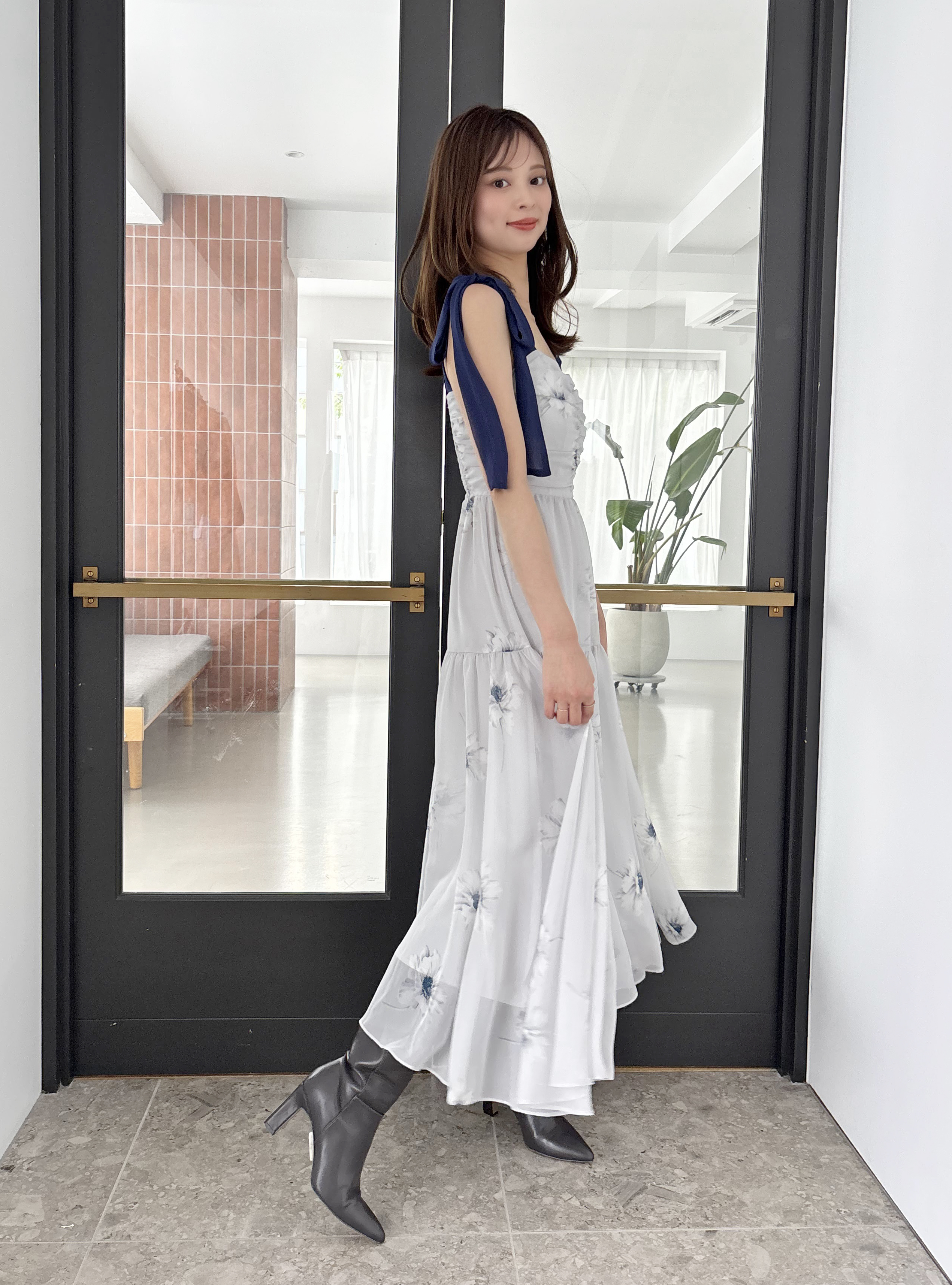 FLOWER COLLECTION】プリントショルダーリボンワンピース(マキシ