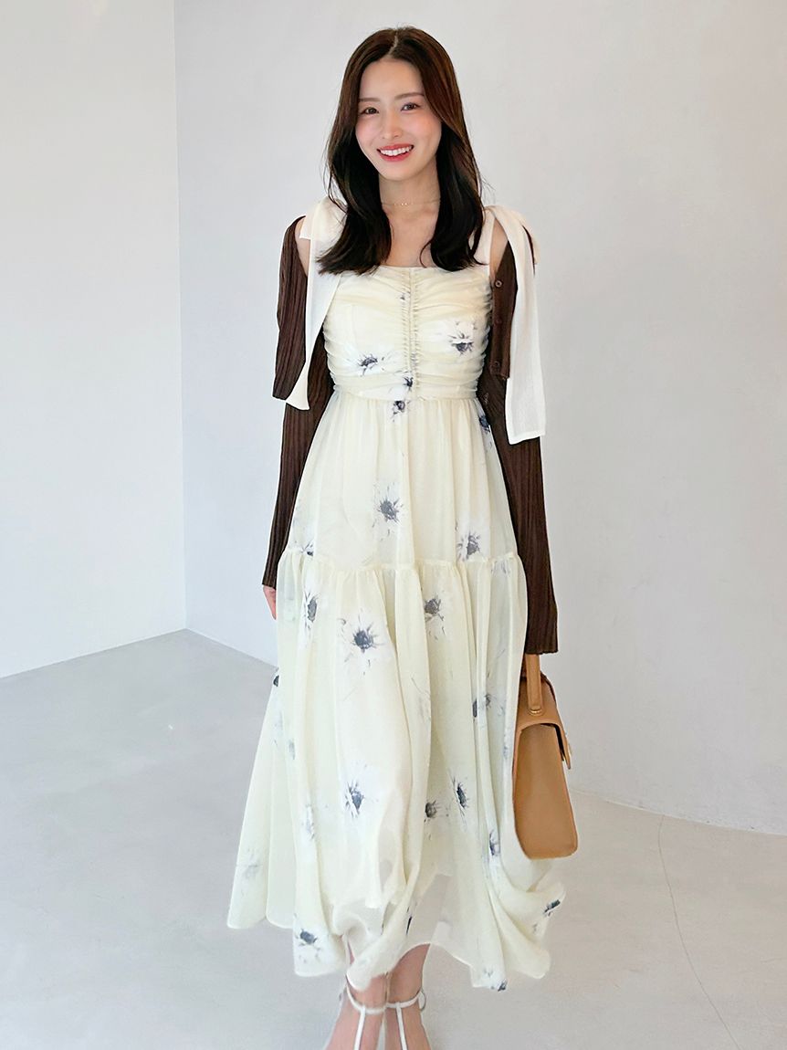 SNIDEL 2025年フラワープリントワンピース ショルダーリボン新品タグ付き FLOWER COLLECTION】プリントショルダーリボンワンピース(マキシ