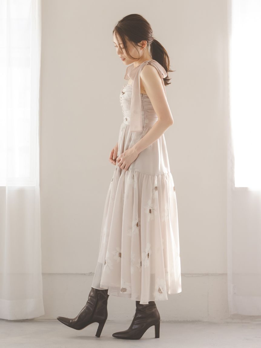 FLOWER COLLECTION】プリントショルダーリボンワンピース(マキシ