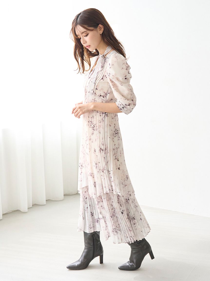 Sustainableプリーツプリントワンピース(マキシ・ロングワンピース