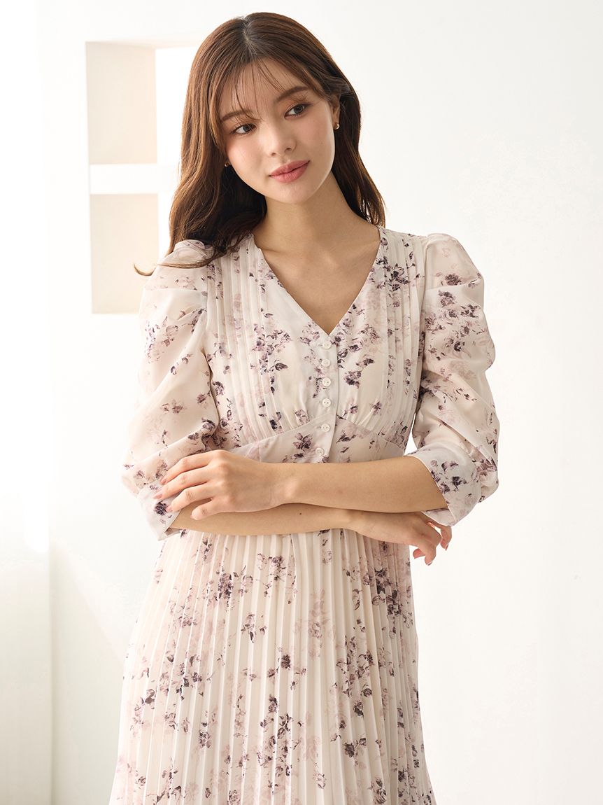 Sustainableプリーツプリントワンピース(マキシ・ロングワンピース