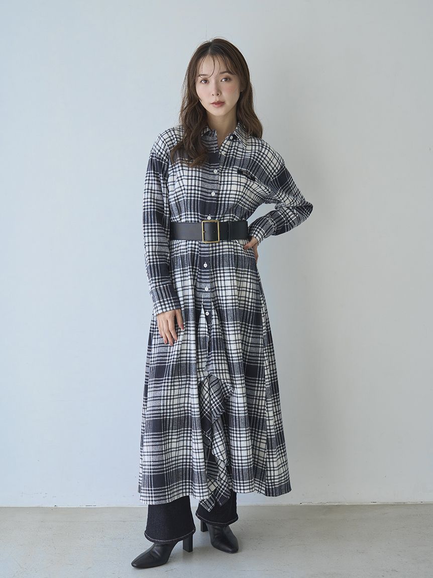 SNIDEL/Prentiss】チェックアシメシャツワンピース(マキシ・ロング