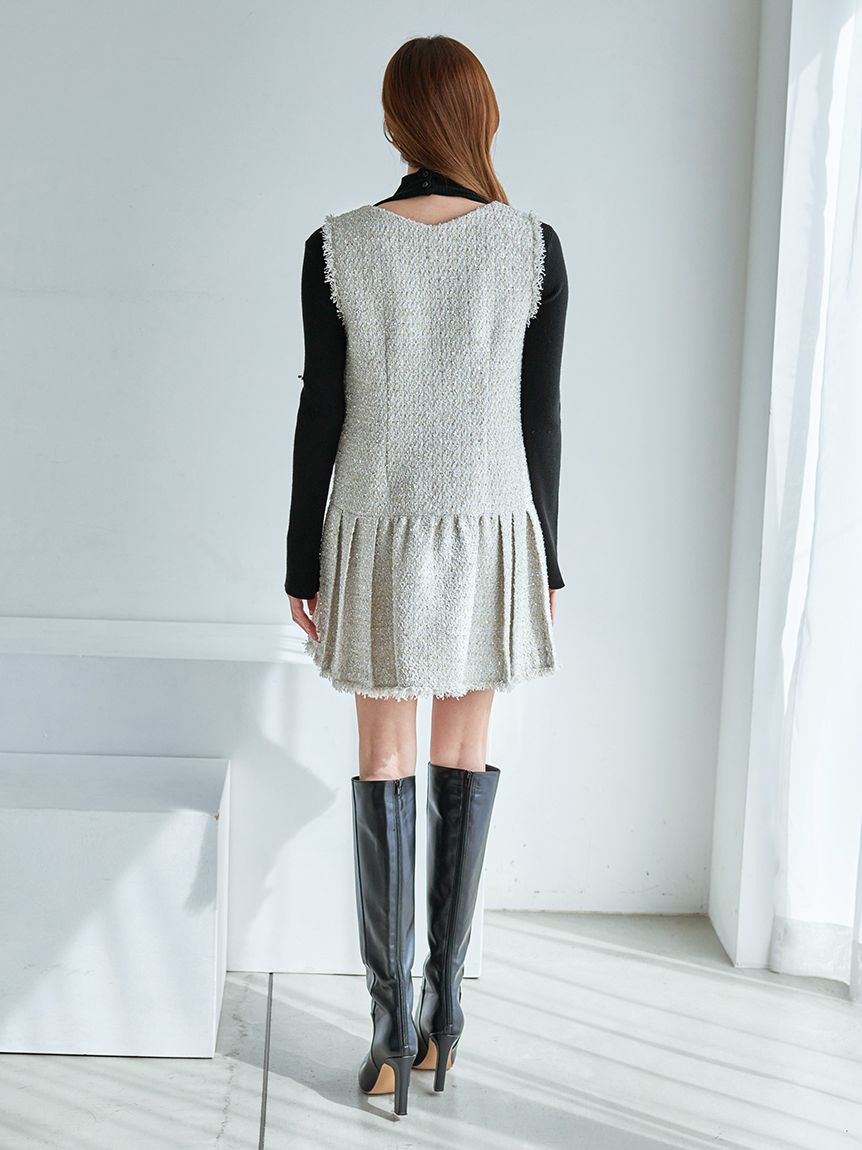 CHANEL ツイード生地 ひざ丈ワンピース Vネック ウール長袖 ハンガー付き くるくる起毛がキュート。フェイクリングウール Vネックワンピース