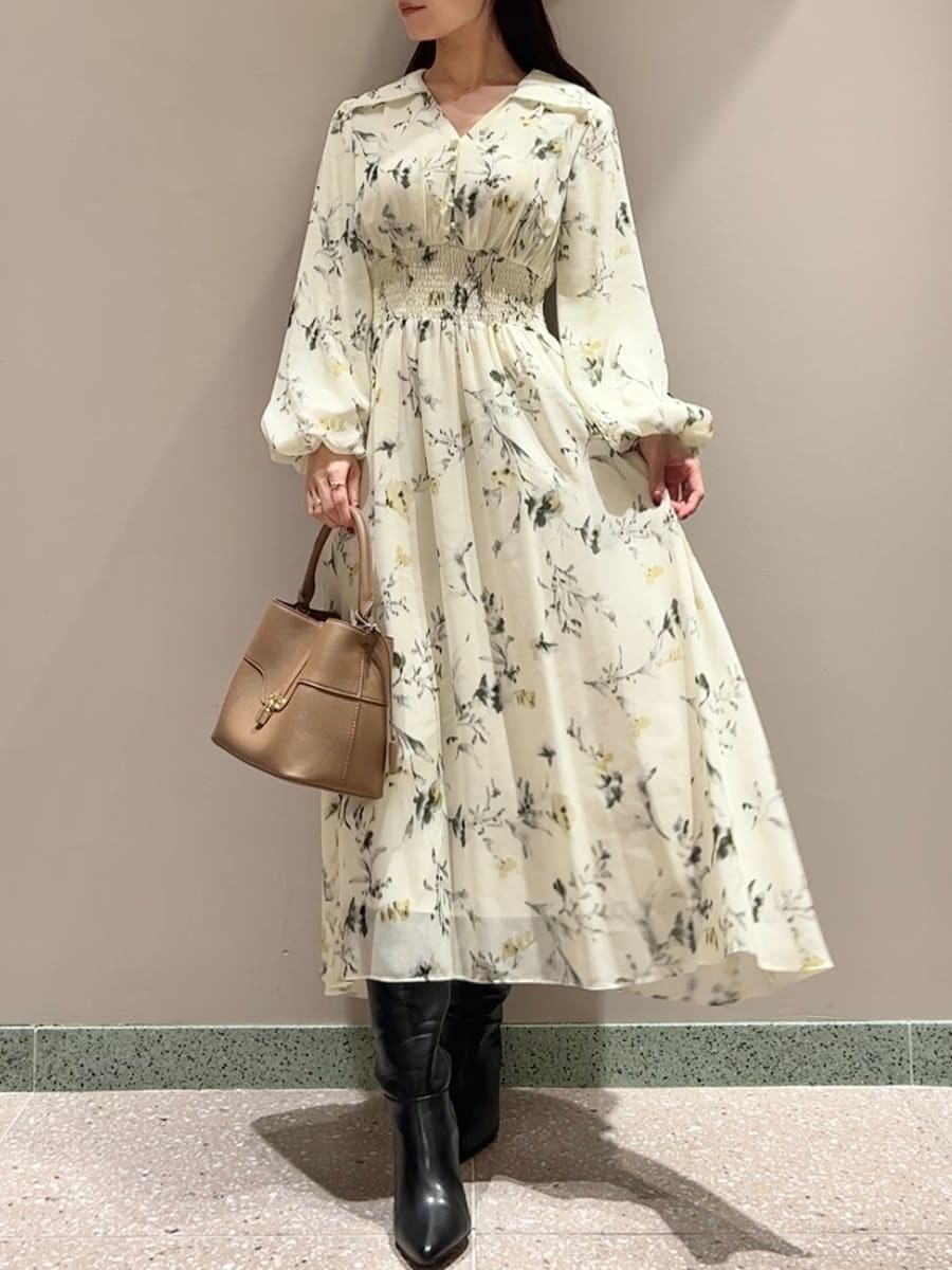 ウエストシャーリングプリントOP(マキシ・ロングワンピース